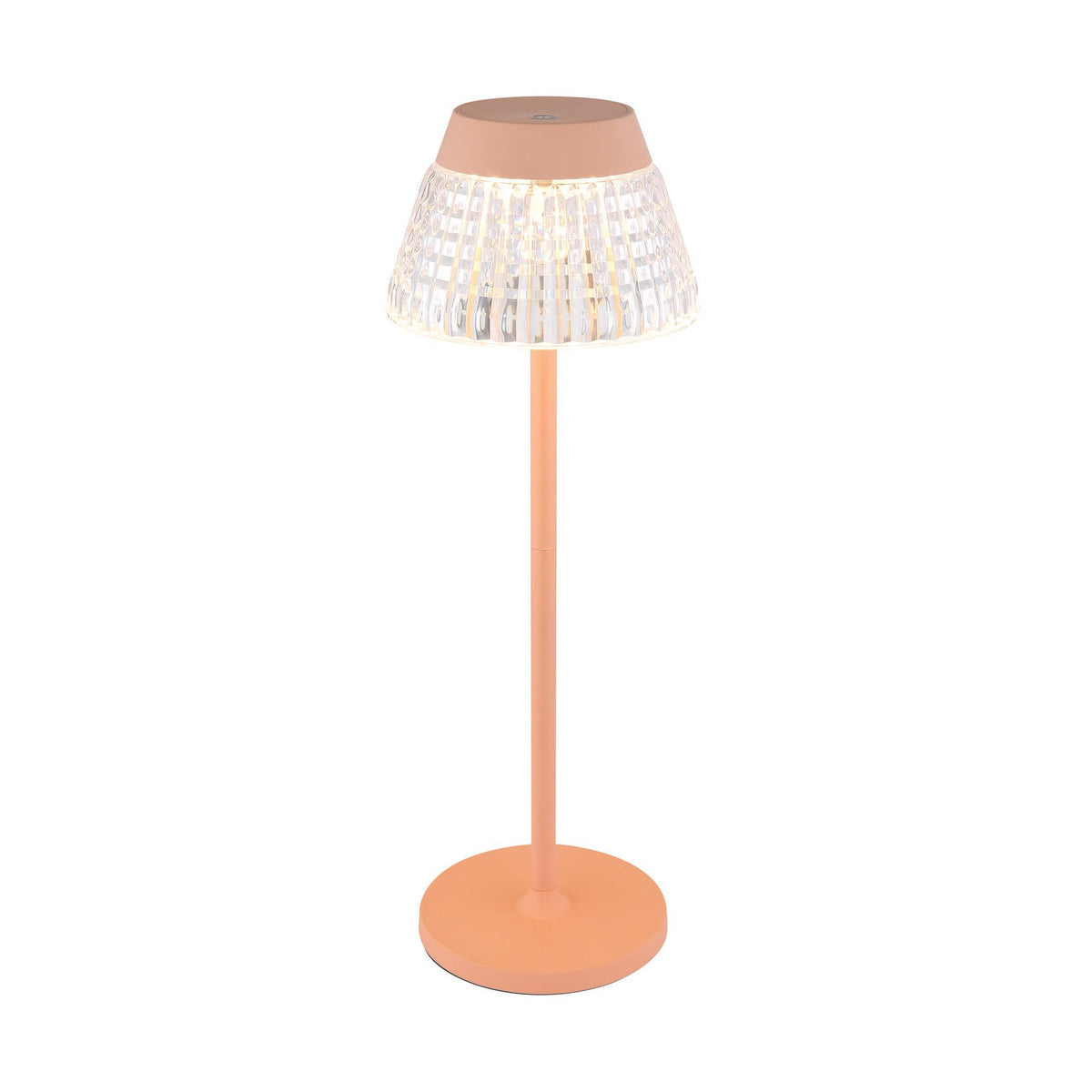 Lampe à poser rose pêche de face, abat-jour conique en verre strié