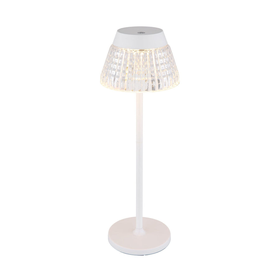 Lampe à poser blanche de face avec abat-jour conique en verre strié