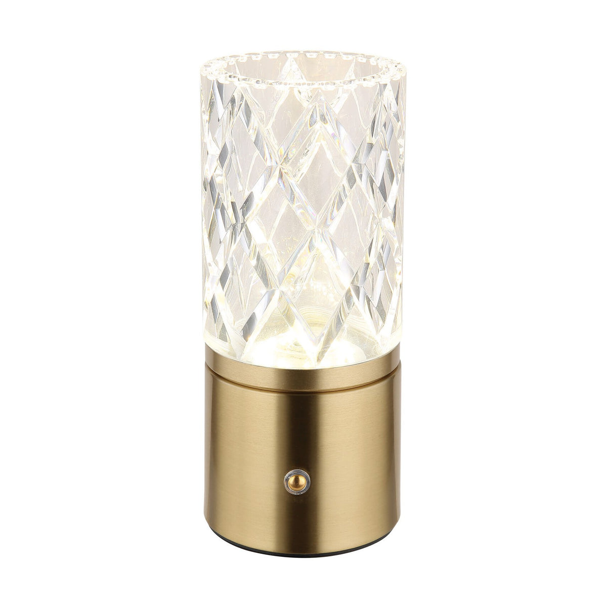 Lampe à poser de face sur fond blanc, base laiton et cylindre cristal allumé.