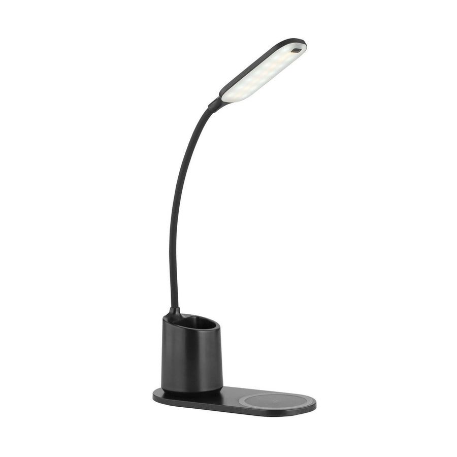 Lampe de bureau noire vue de trois quarts, col flexible et tête LED allongée