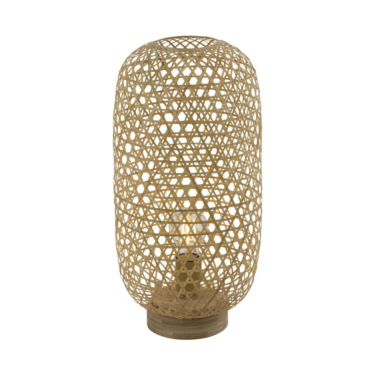 Lampe à poser en bambou tressé, grand abat-jour arrondi sur socle en bois clair.