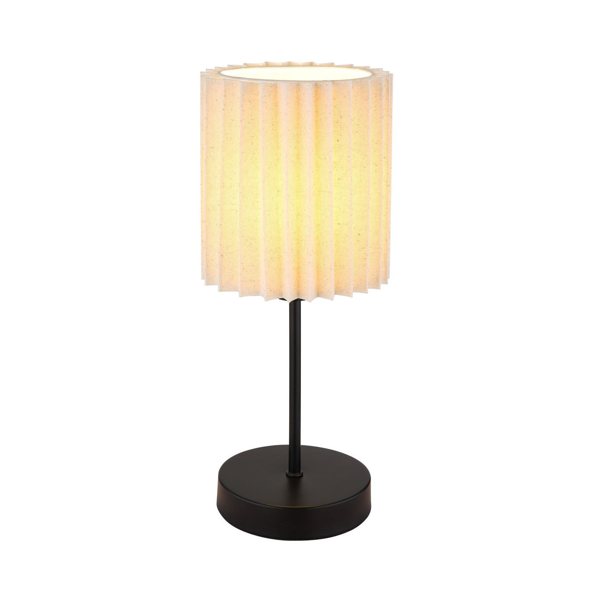 Lampe de table de face, abat-jour plissé allumé sur fond blanc