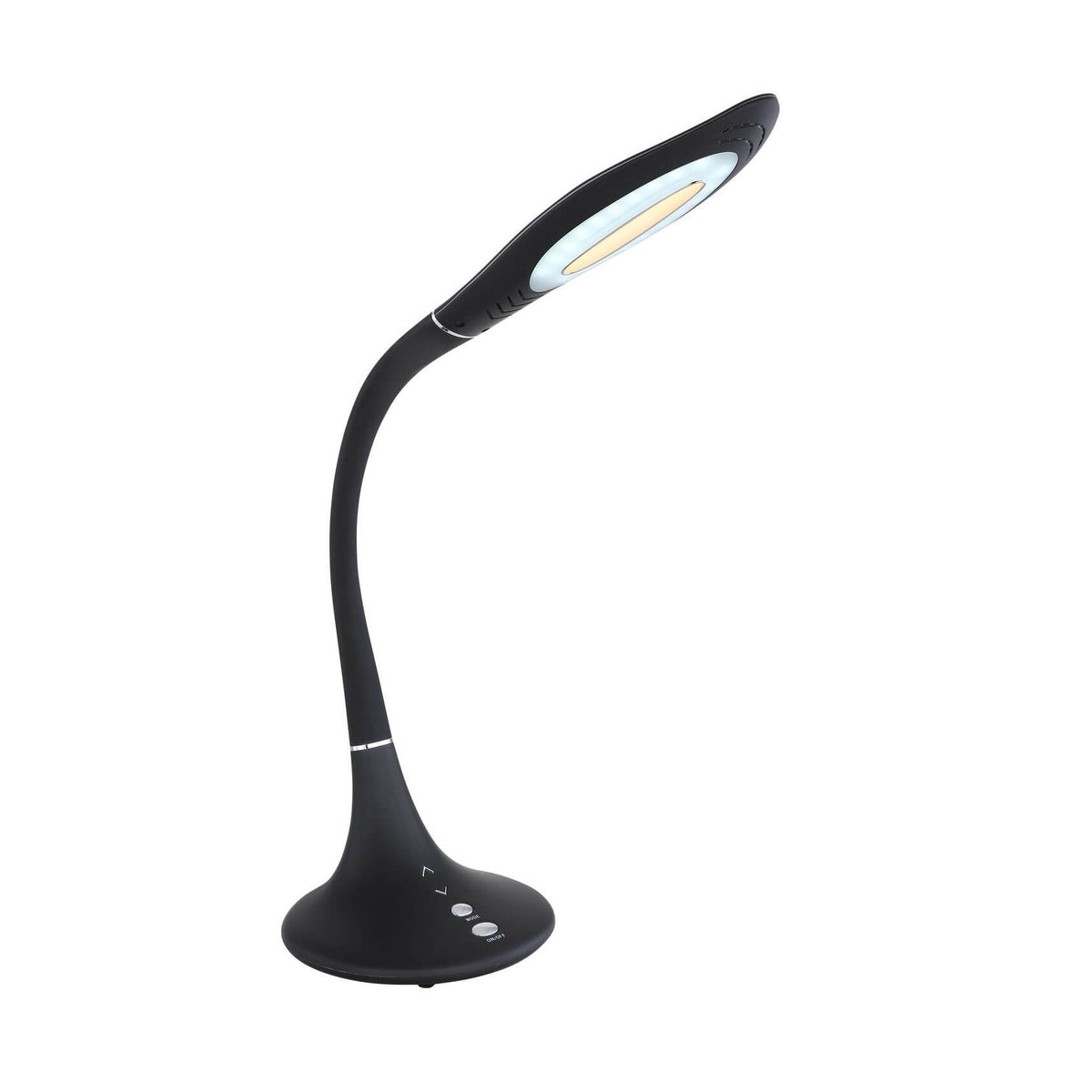 Lampe de bureau noire à col flexible et tête ovale, vue de trois quarts