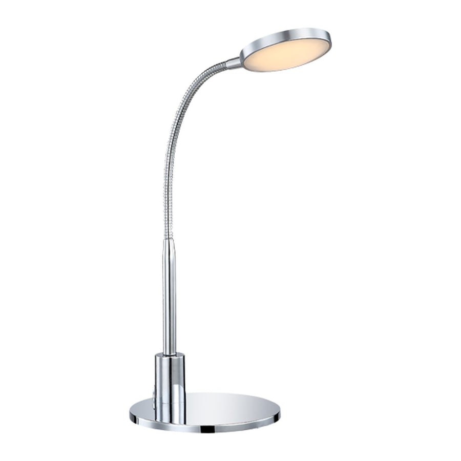 Lampe de bureau chromée de face, col de cygne courbé et tête ronde éclairée