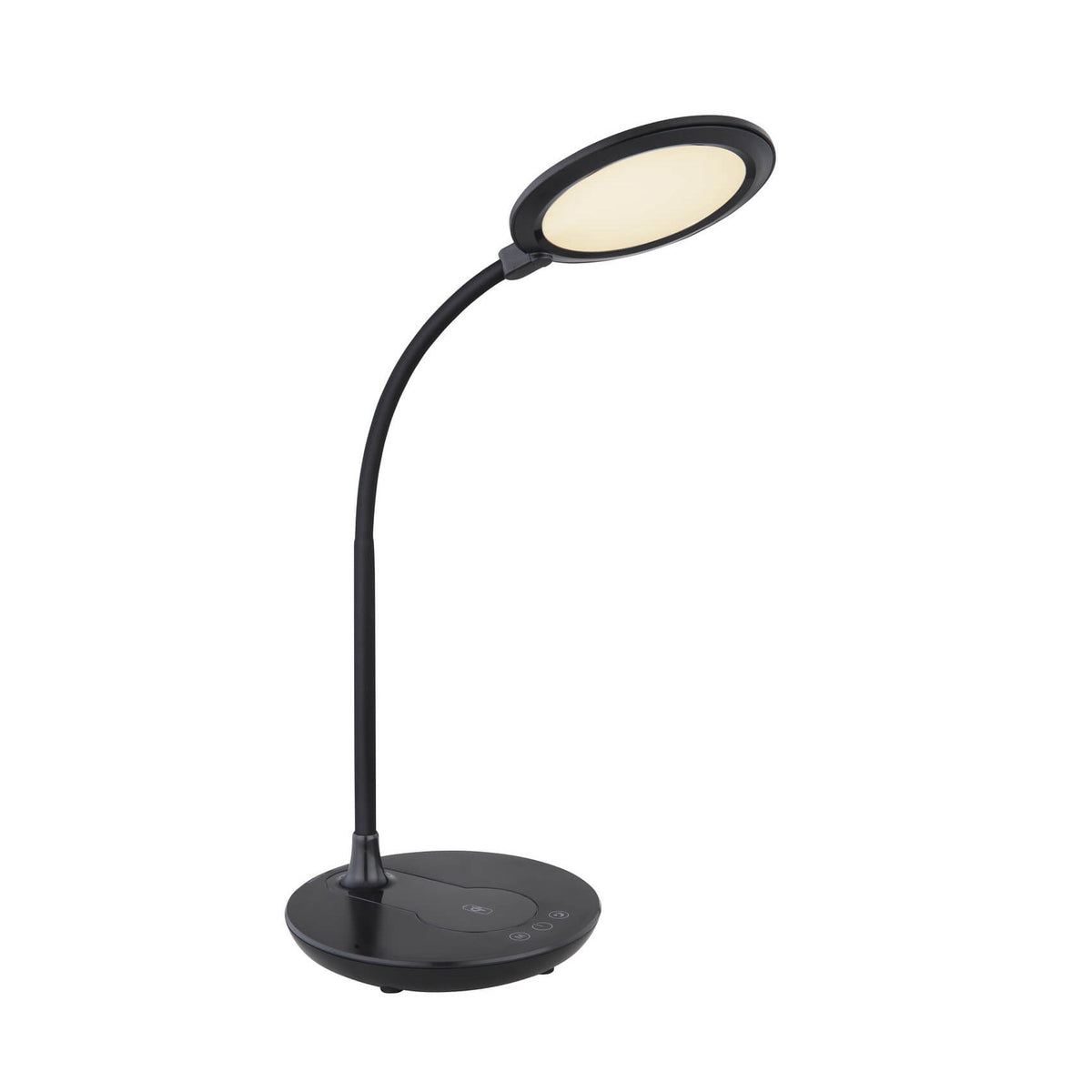 Lampe de bureau noire vue de face, abat-jour ovale allumé teinte chaude