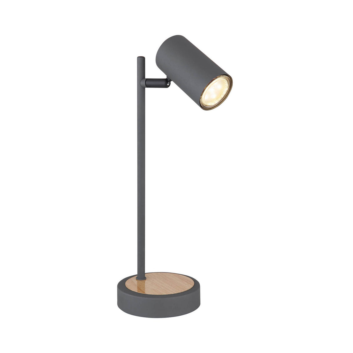 Lampe à poser anthracite avec tête cylindrique orientable et base ronde en bois clair.