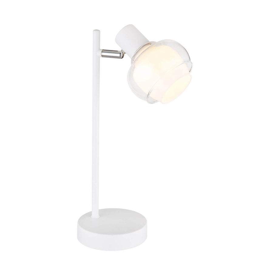 Lampe à poser blanche de face sur fond blanc, abat-jour sphérique transparent