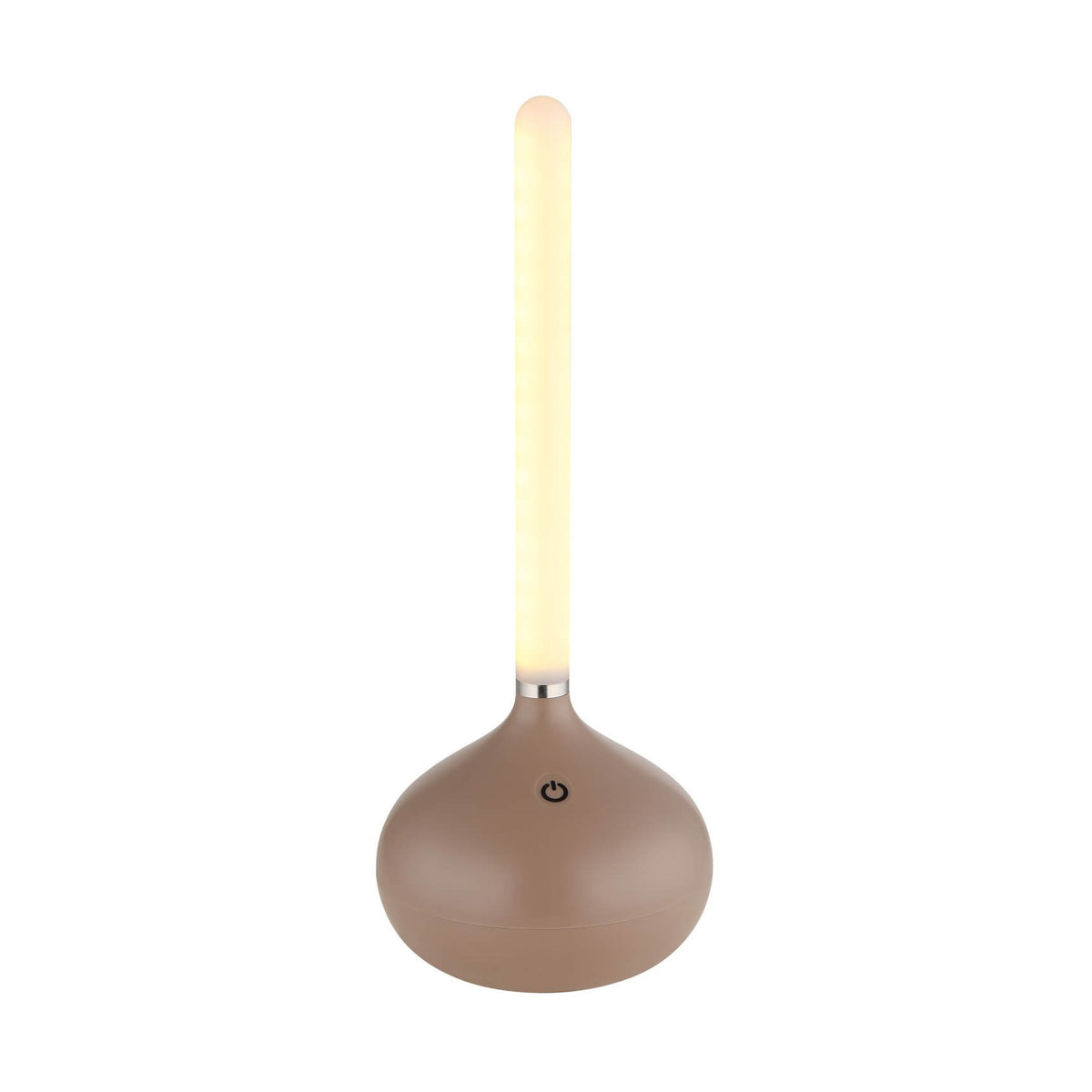 Lampe à poser de face sur fond blanc, base taupe et long tube opalin.