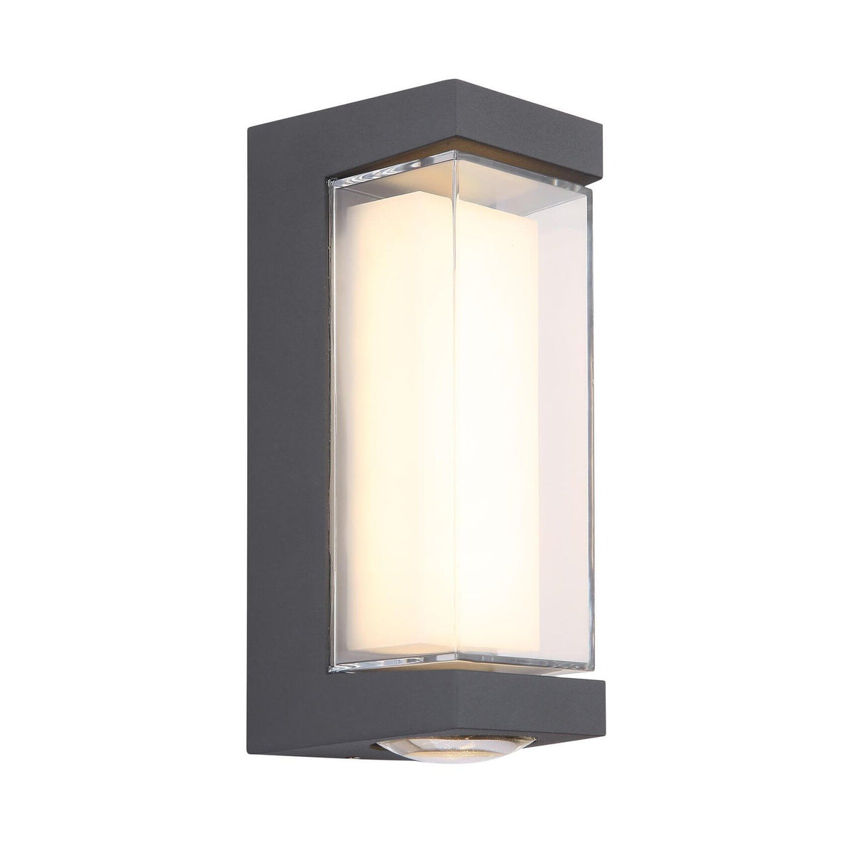 Luminaire mural extérieur anthracite, face avant avec verre transparent et diffuseur blanc allumé