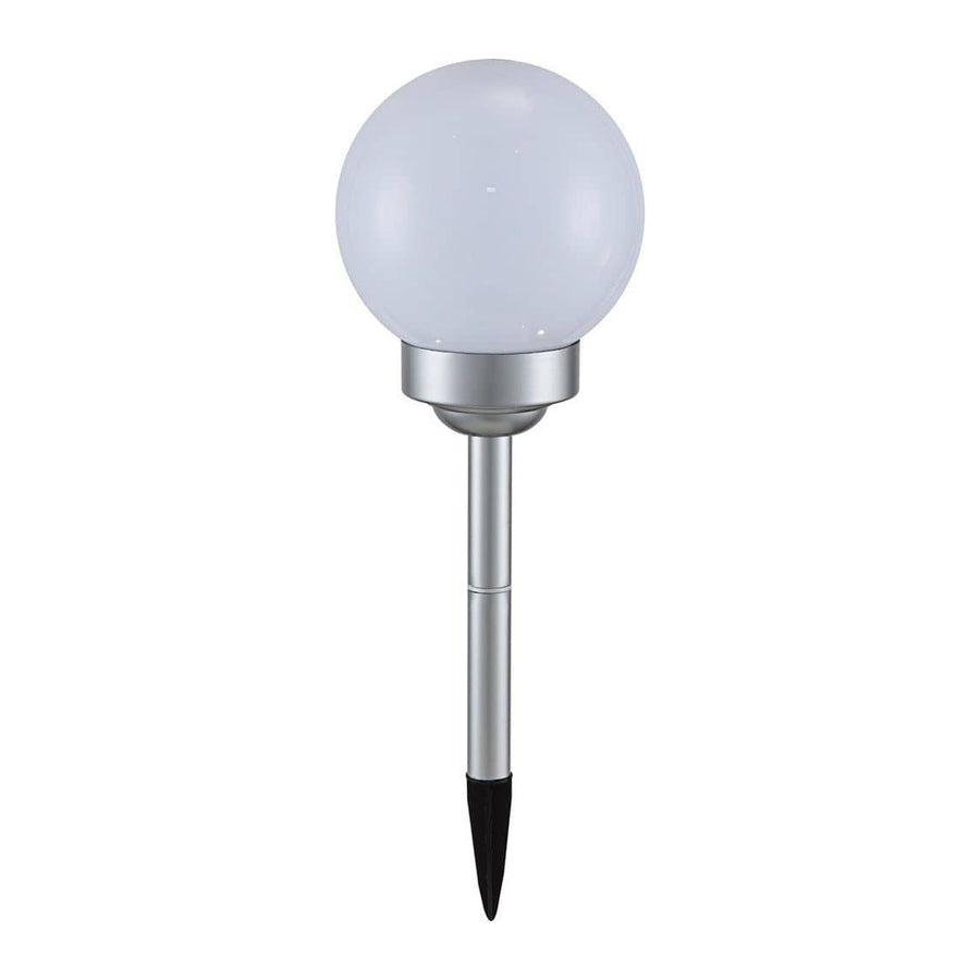 Luminaire solaire argenté vu de face, sphère blanche sur piquet et pointe noire