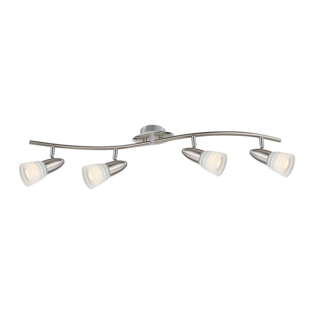 Vue de face du plafonnier quatre spots orientables en nickel satiné et verre dépoli