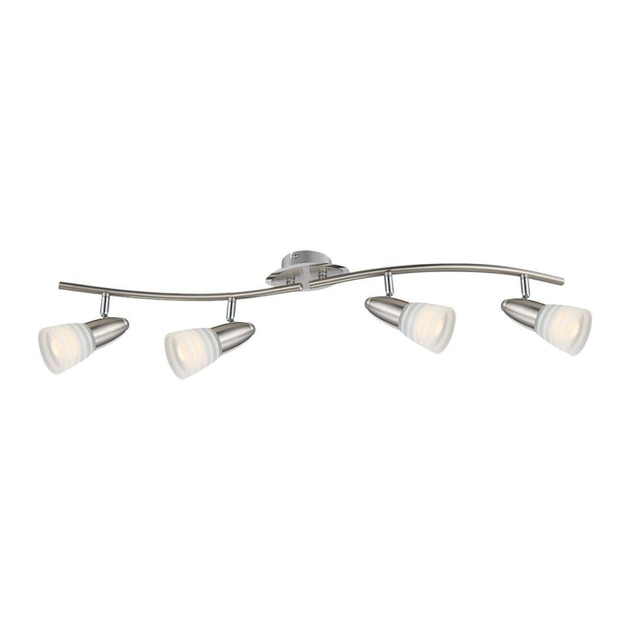 Vue de face du plafonnier quatre spots orientables en nickel satiné et verre dépoli