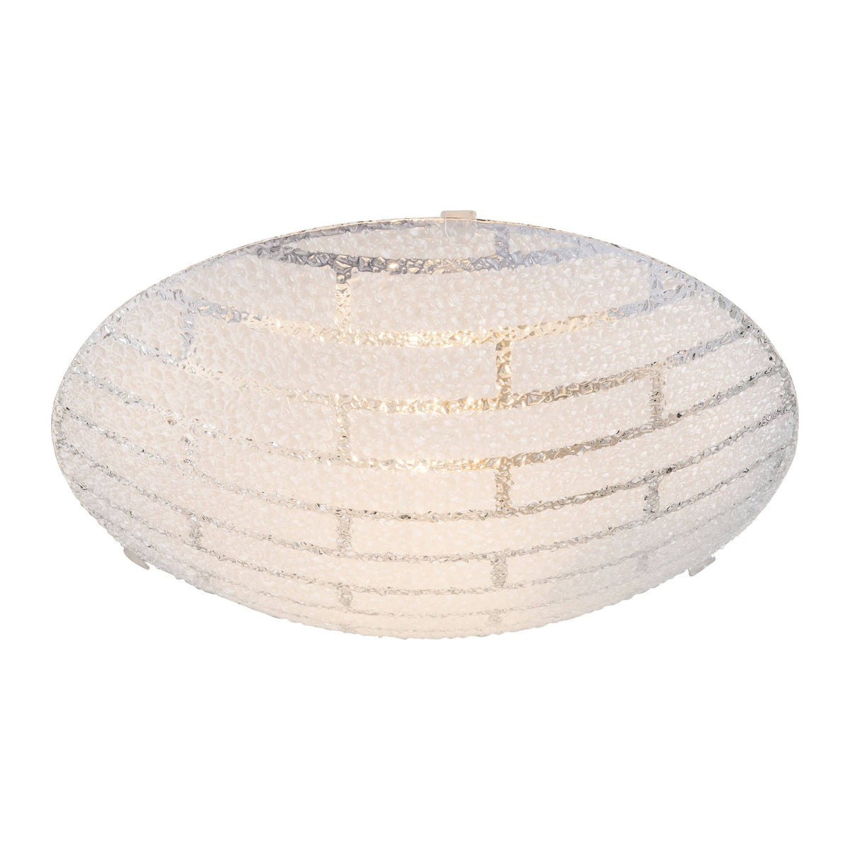 Plafonnier blanc ovale en verre texturé, motif de briques, vue de face