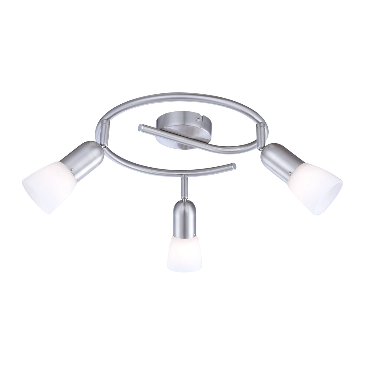 Vue de face du plafonnier à trois spots orientables en nickel satiné avec diffuseurs opalins.