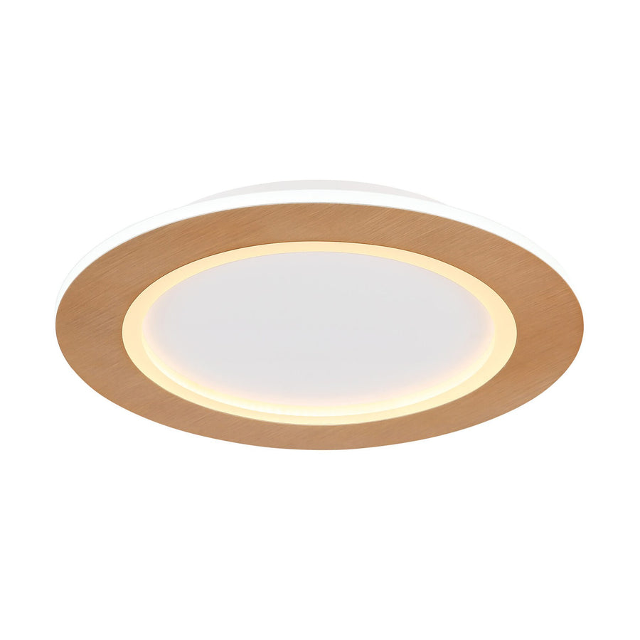 Plafonnier rond blanc vu de face, cerclage bois clair, LED allumée