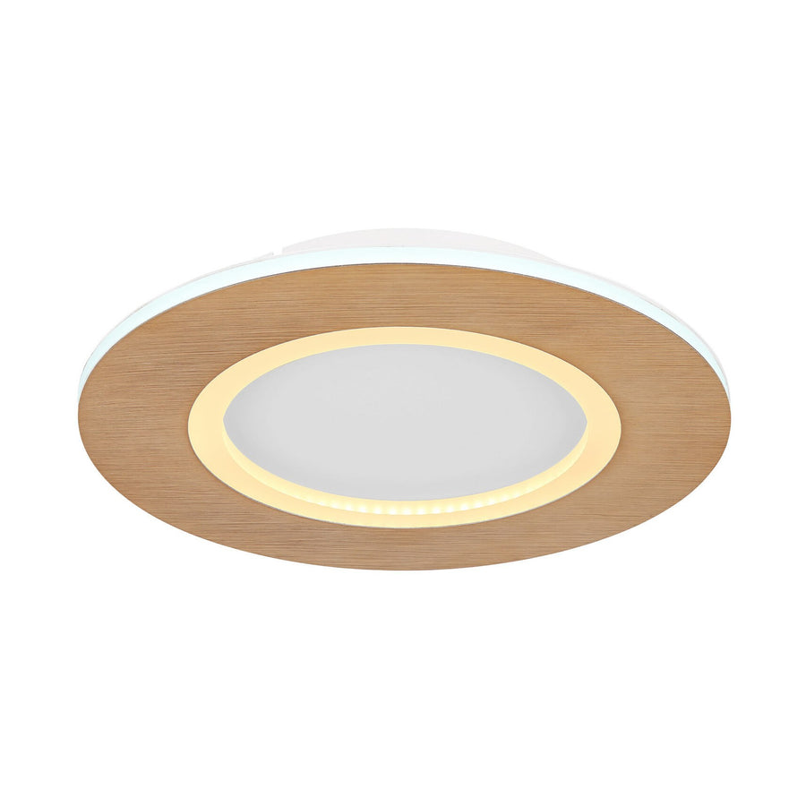 Plafonnier rond vu de dessous, allumé, anneau bois clair et liseré LED doré