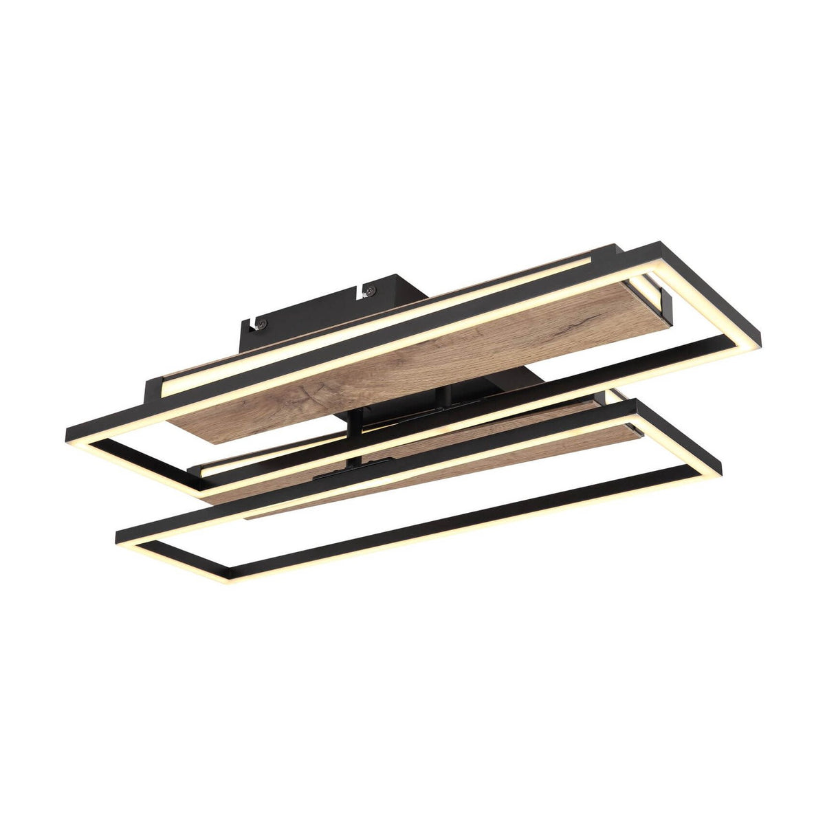Plafonnier géométrique noir avec panneaux bois, vu de trois quarts sur fond blanc.