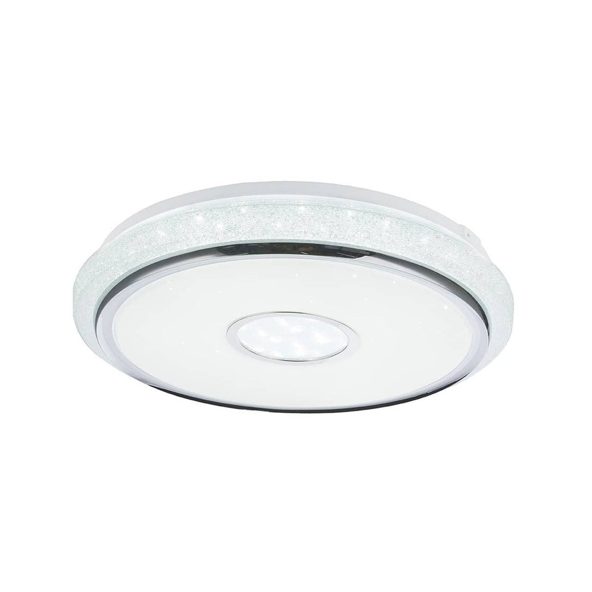 Plafonnier rond blanc vu de trois quarts, face lumineuse et cerclage pailleté