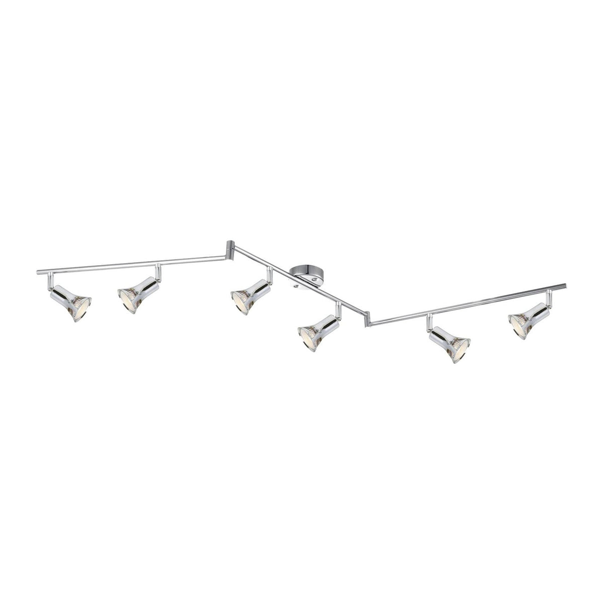 Plafonnier chromé à six spots orientables, présenté de face sur fond blanc.