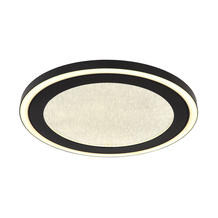 Vue de dessous du plafonnier ovale, anneau noir et diffuseur central texturé