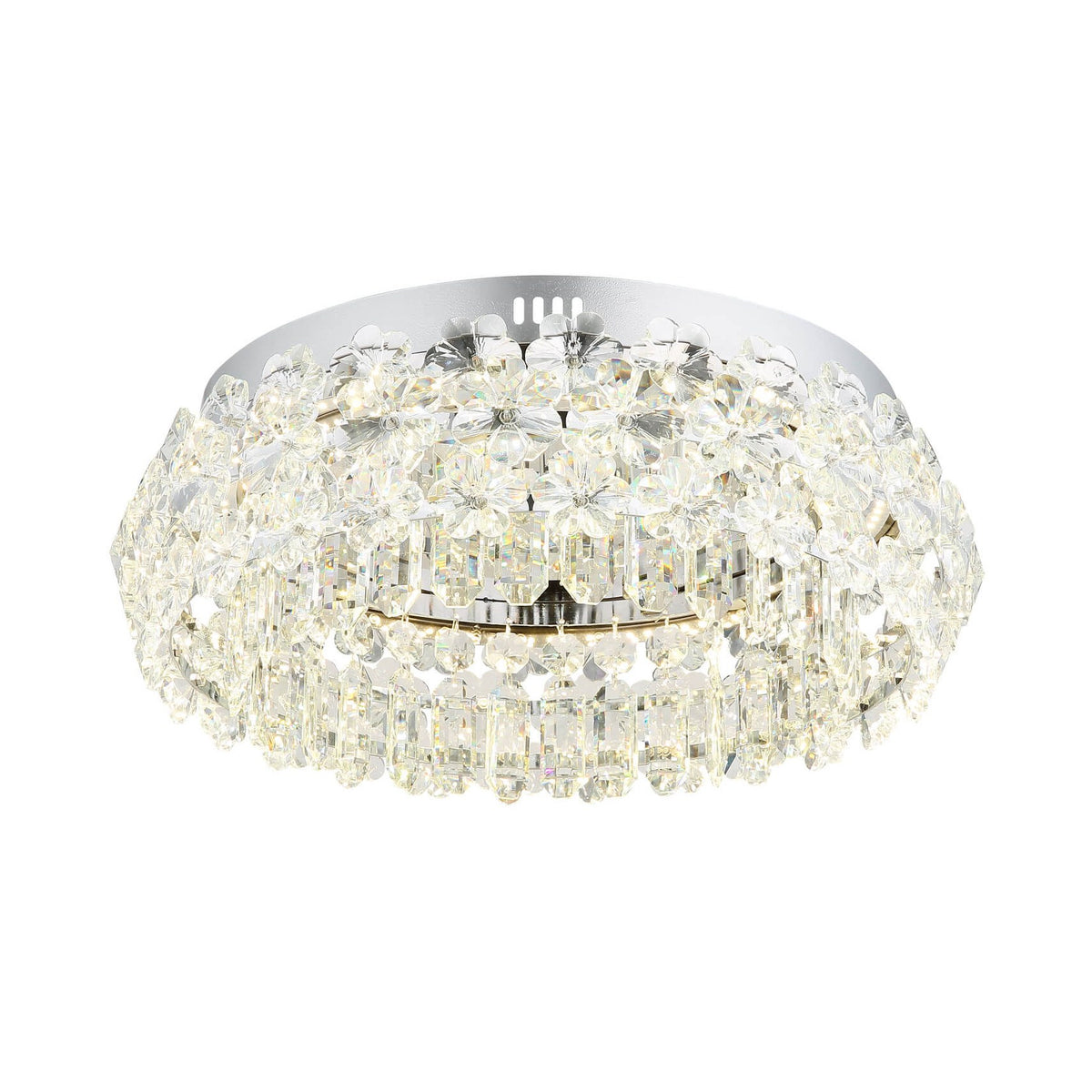 Plafonnier rond en cristal vu de face, monture chromée et fleurs de cristal sur fond blanc.