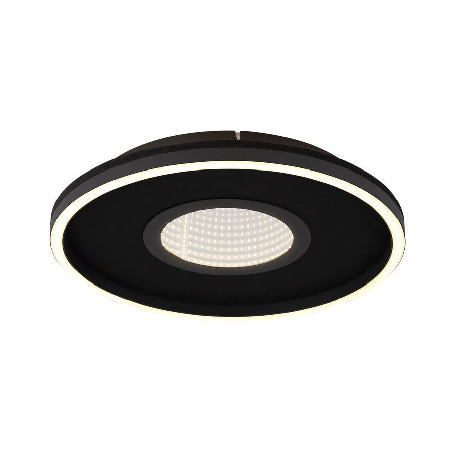 Plafonnier rond noir mat allumé, anneau lumineux et disque central LED
