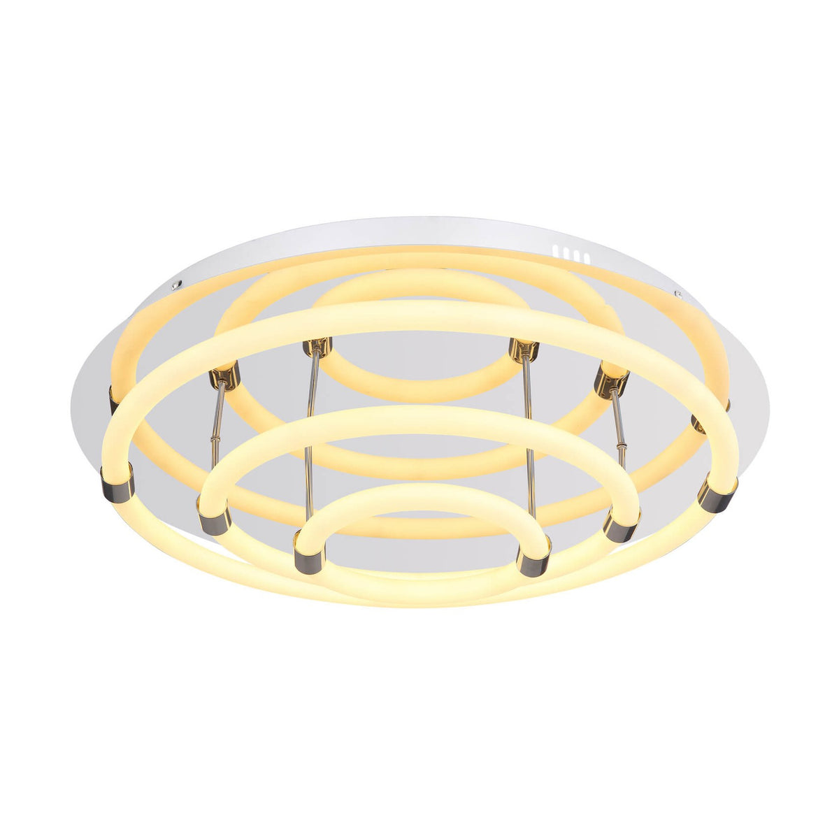 Plafonnier rond vu de trois quarts, anneaux lumineux concentriques sur socle verre