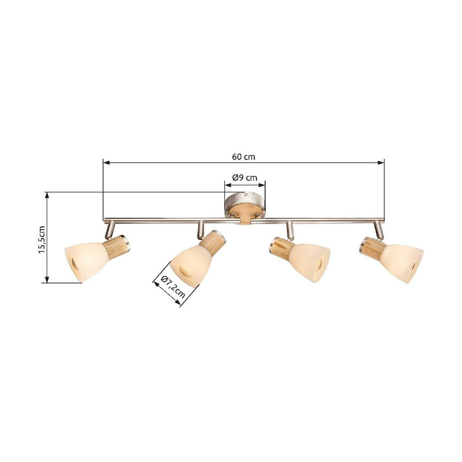 Schéma coté du plafonnier : 60 cm de long, 15,5 cm de haut, Ø 9 cm.