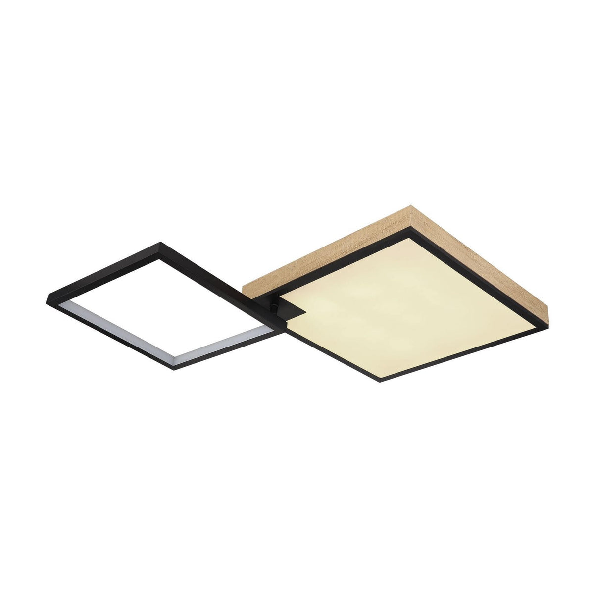 Vue de face du plafonnier rectangulaire noir mat avec cadre en bois clair