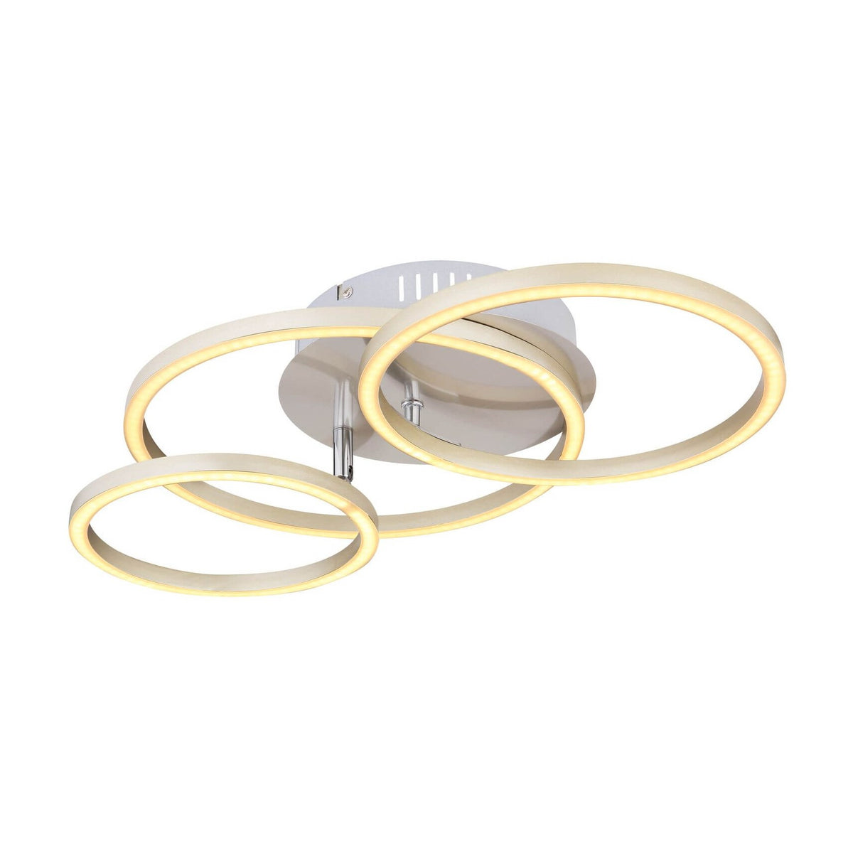 Plafonnier trois anneaux LED superposés, vu de face sur fond blanc