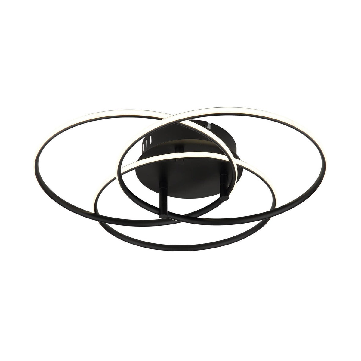 Plafonnier noir mat vu de face, cercles entrecroisés et fin liseré lumineux blanc