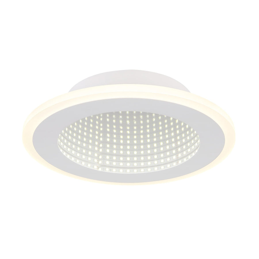 Plafonnier rond blanc mat vu de face, diodes LED visibles et anneau lumineux périphérique