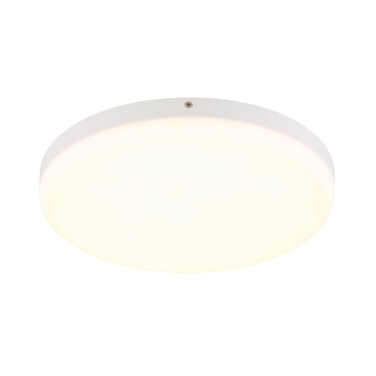 Plafonnier rond blanc mat allumé, vu de dessous sur fond blanc uni