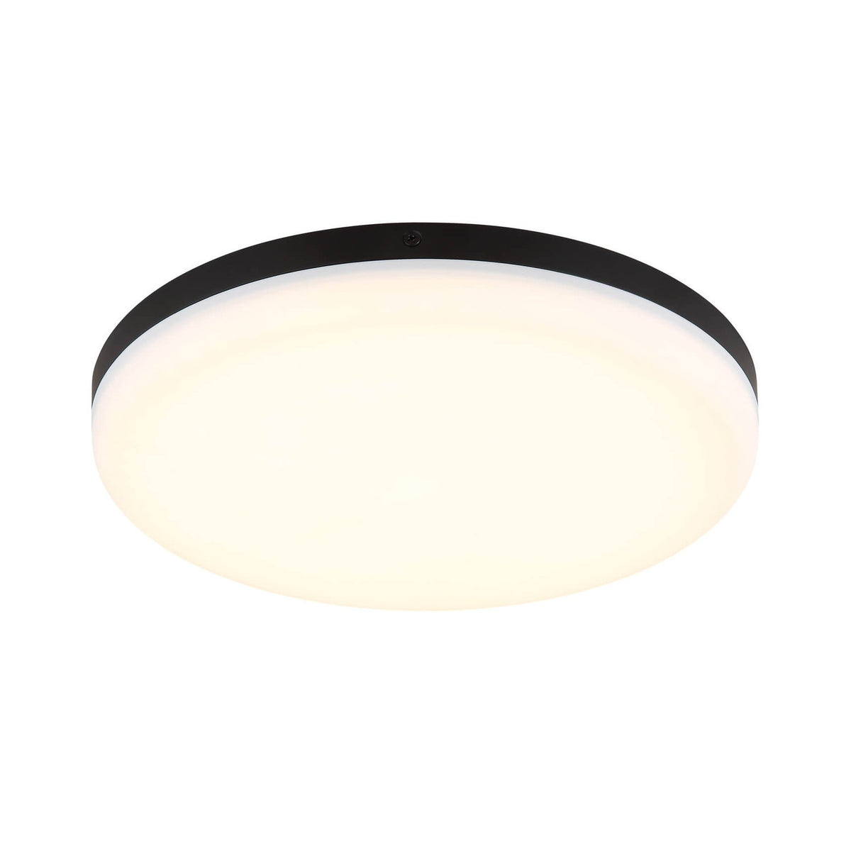 Plafonnier rond noir mat photographié de dessous sur fond blanc, diffuseur opale allumé