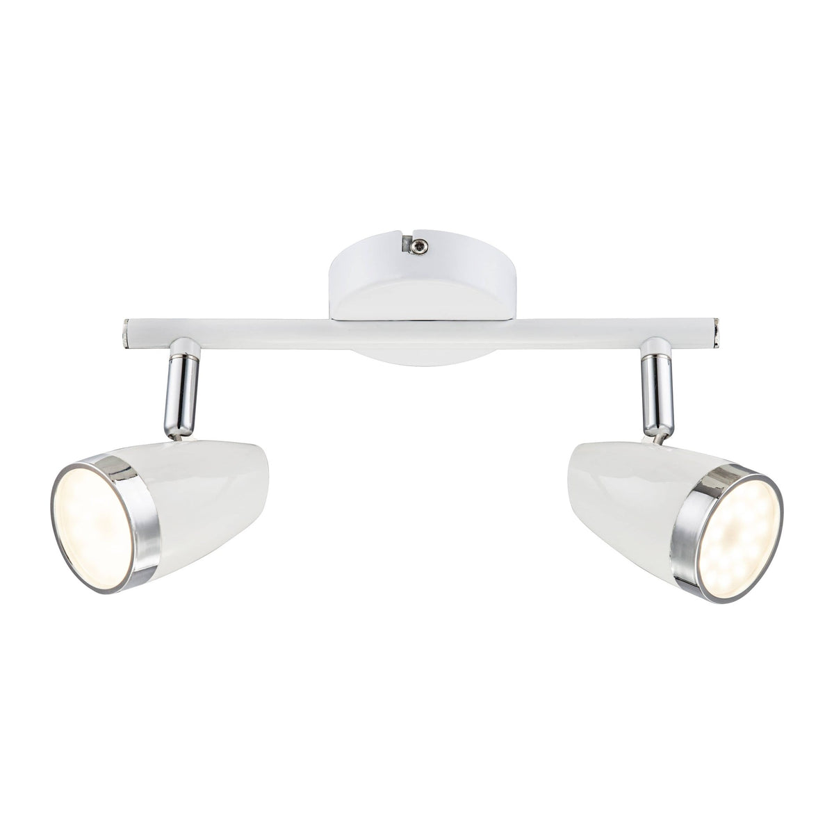 Vue de face du plafonnier blanc à deux projecteurs orientables sur barre.