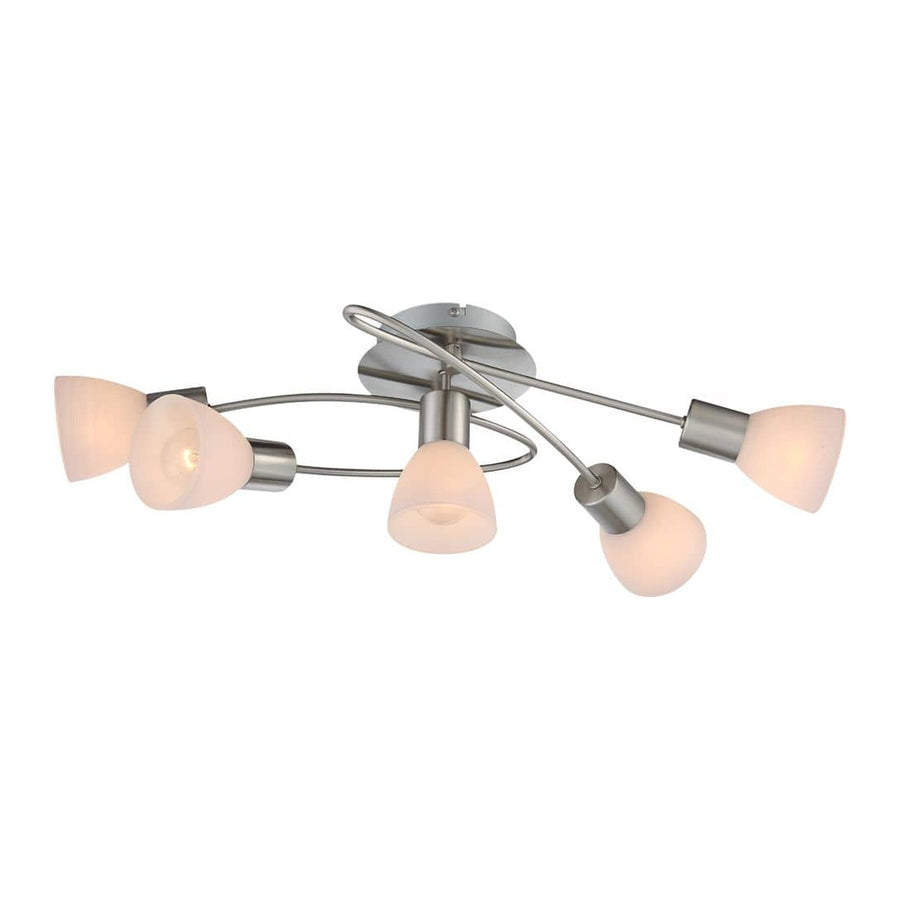 Plafonnier cinq lumières nickel satiné et diffuseurs opal, produit de face sur fond blanc