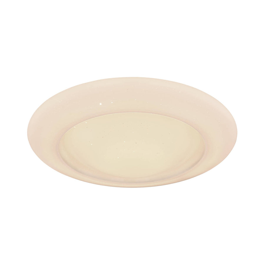 Plafonnier rond de face, verre dépoli crème moucheté, vue de dessus sur fond blanc