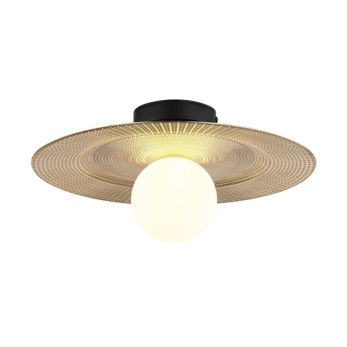 Plafonnier noir mat avec diffuseur doré perforé et globe blanc, vue de face.