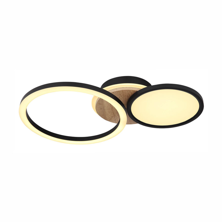 Plafonnier trois quarts sur fond blanc, anneaux noirs et pastille bois