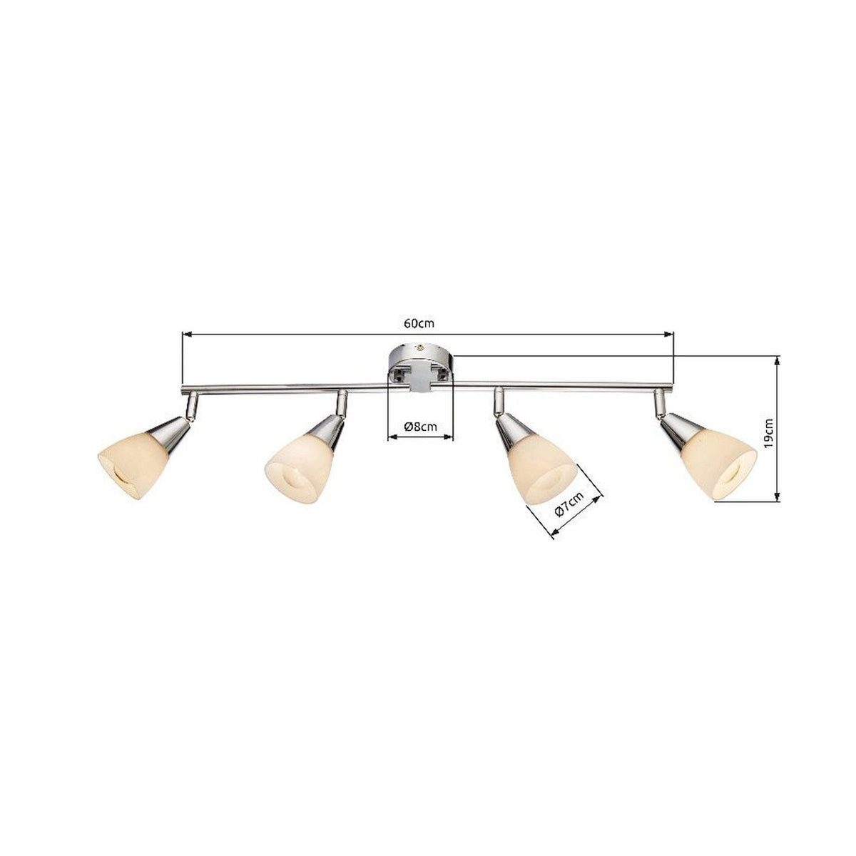 Schéma de dimensions du plafonnier chromé à quatre spots orientables.