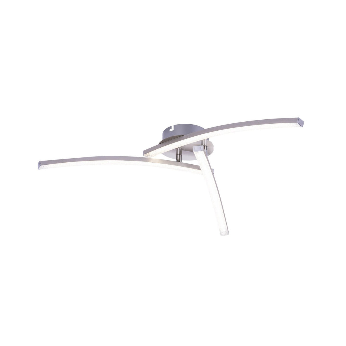 Vue de face du plafonnier aux bras courbes en métal nickel satiné et diffuseurs LED.