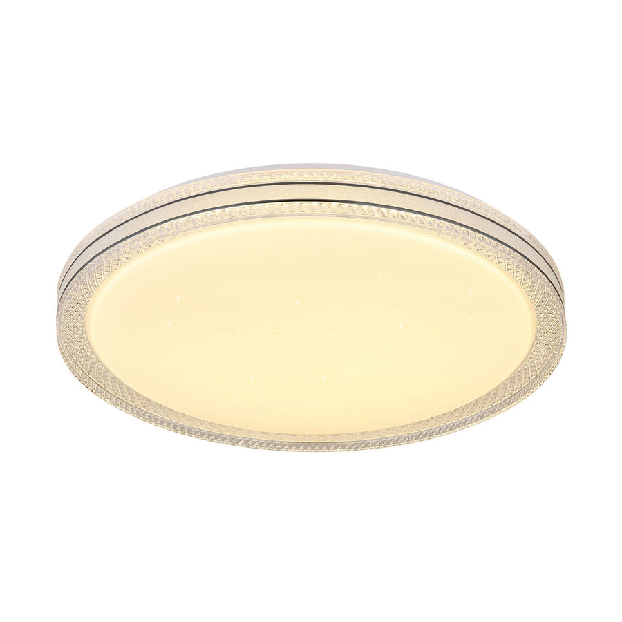 Plafonnier rond blanc vu de face, bord strié et diffuseur ivoire allumé.
