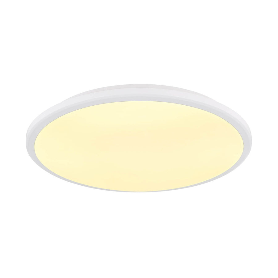 Plafonnier rond blanc mat allumé, vue de face sur fond neutre