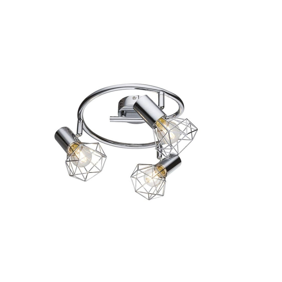 Spot plafond trois lumières chromé sur fond blanc, vue de face