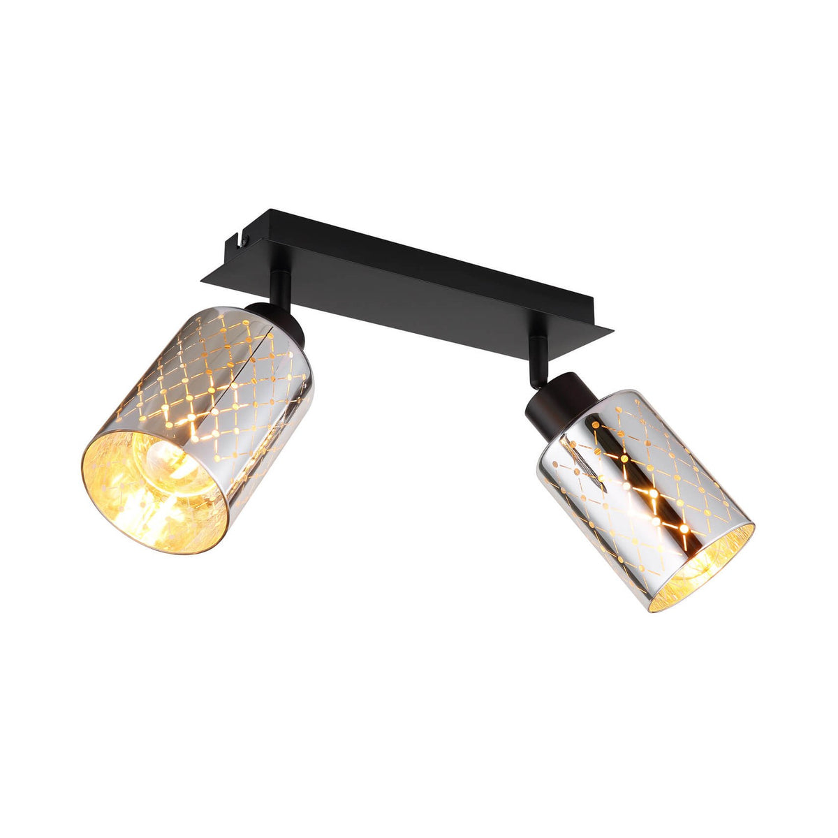 Spot double noir mat vu de face, deux têtes cylindriques orientables sur embase