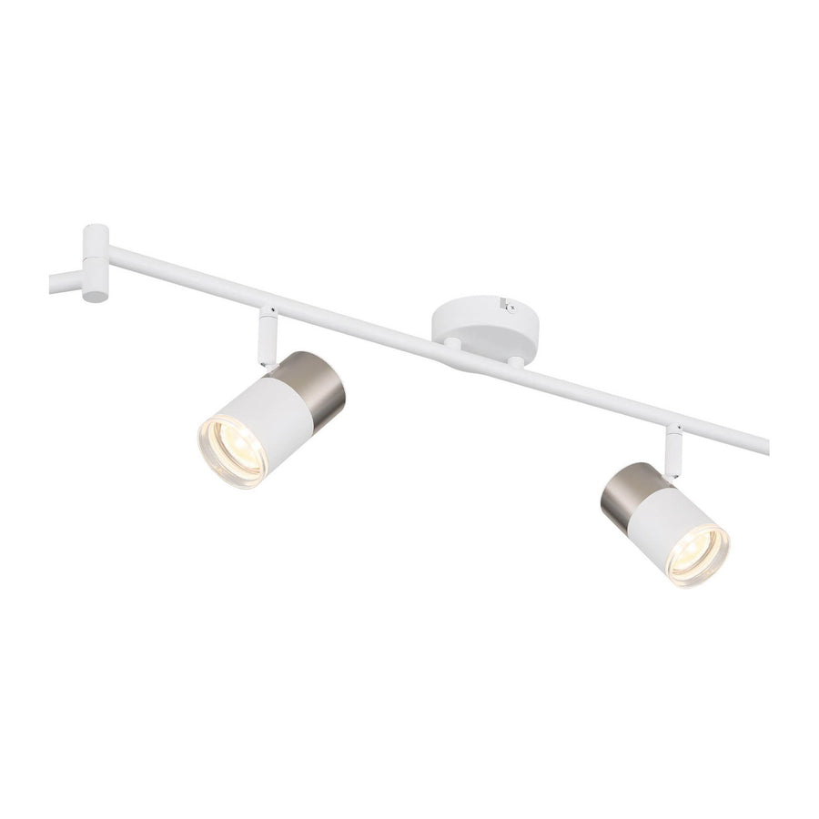 Vue de face du rail blanc mat avec deux projecteurs cylindriques orientables