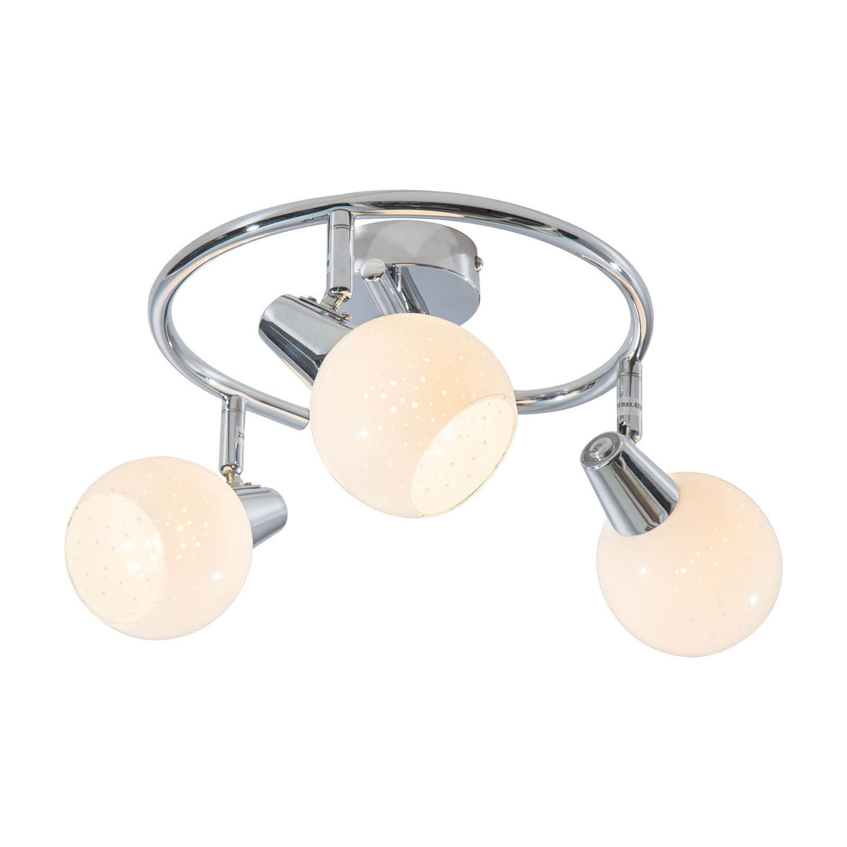 Vue de face du spot chromé à trois globes orientables sur fond blanc