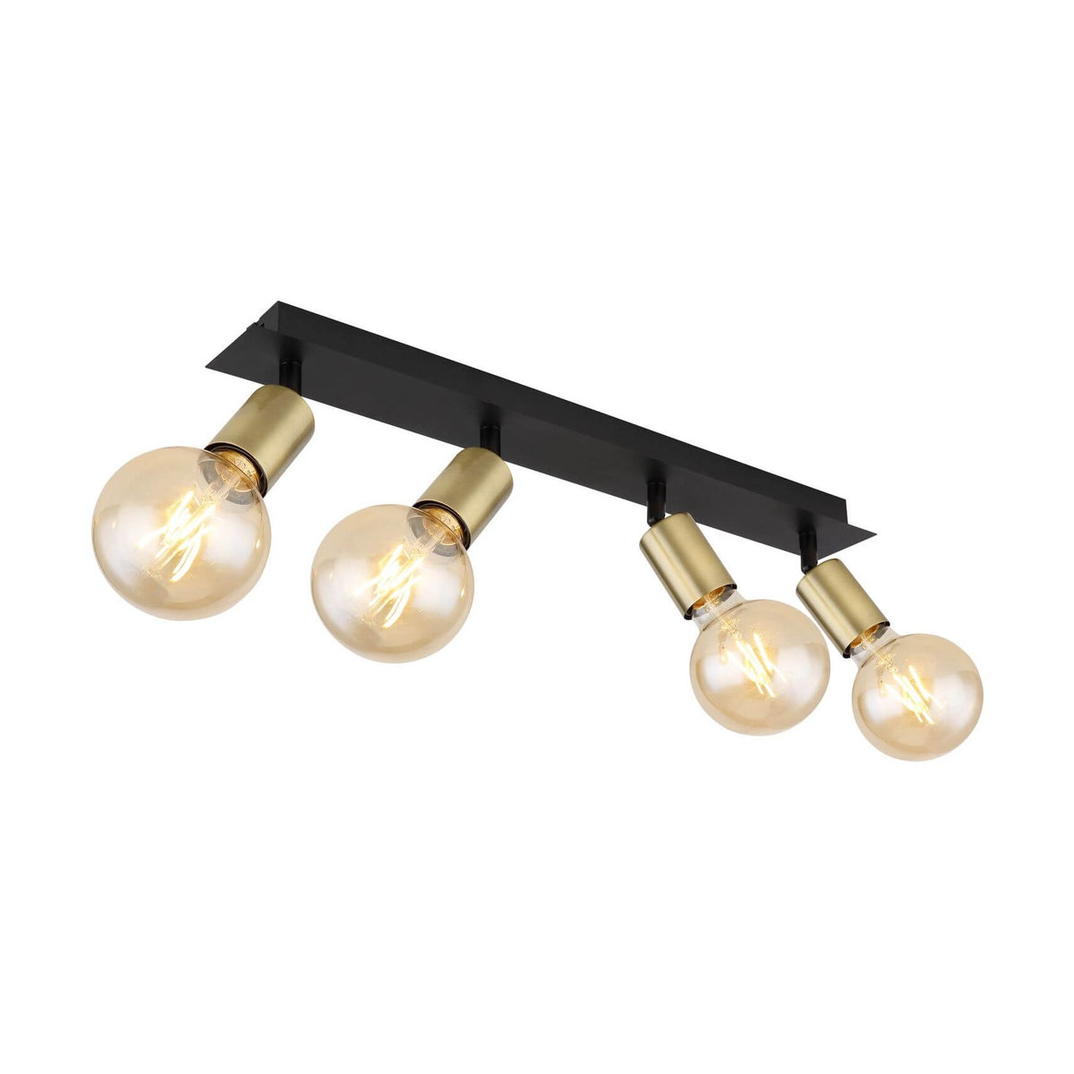 Vue de face inclinée du luminaire plafond noir avec quatre ampoules rondes et douilles dorées