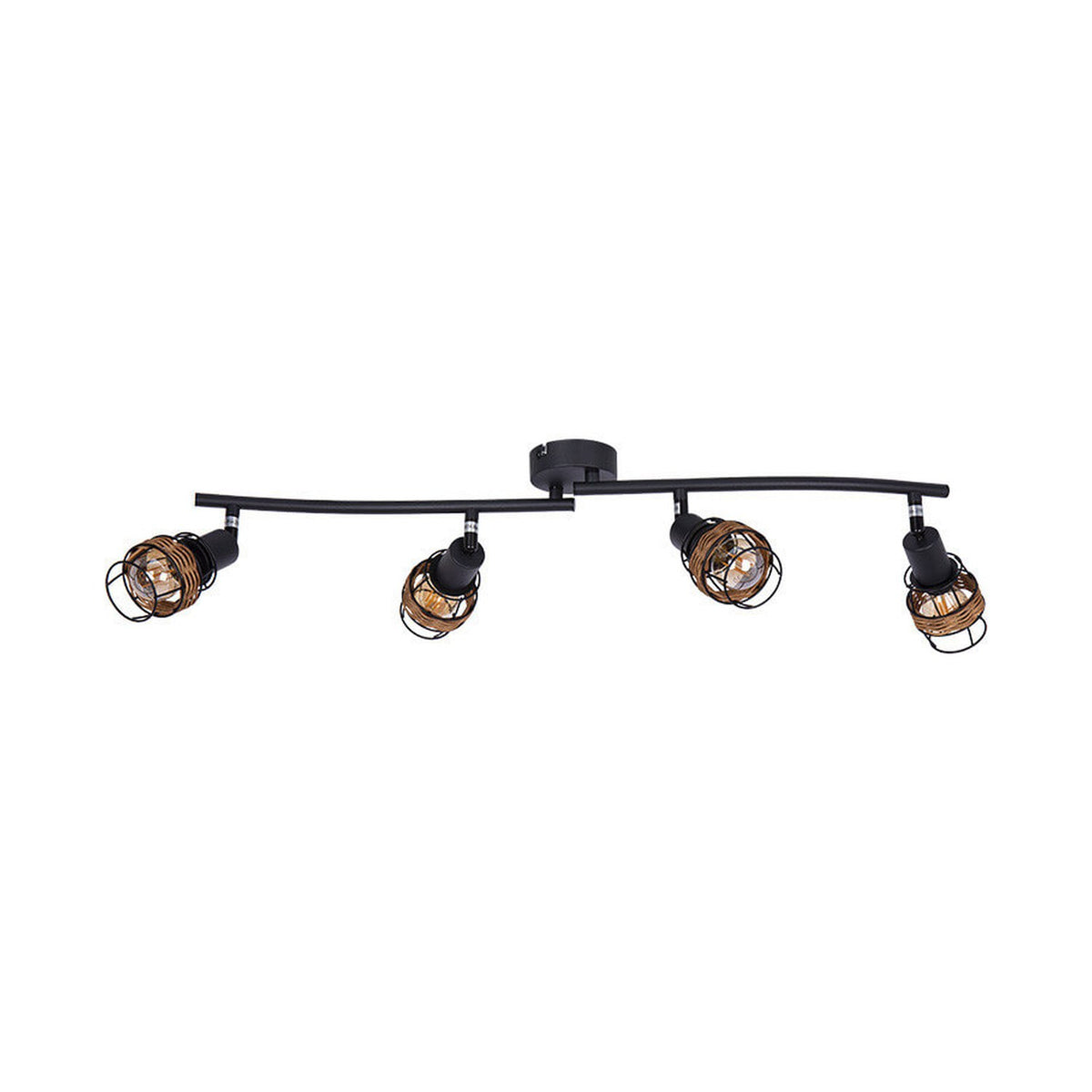 Luminaire noir à quatre spots orientables avec cages en rotin, vue de face sur fond blanc