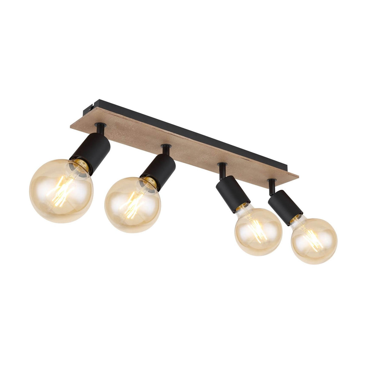 Luminaire quatre spots noirs et ampoules rondes dorées sur fond blanc